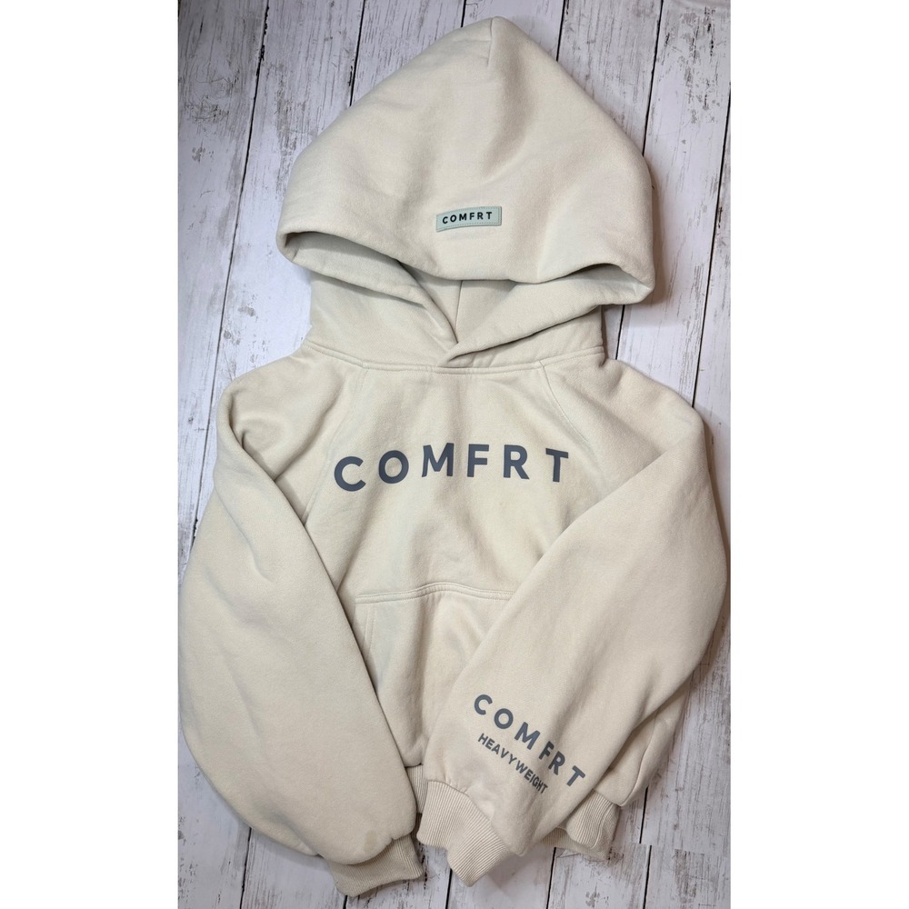 Comfrt Heavyweight Fleece Hoodie Kids Medium Tan Cream Pullover Logo Sweatshirt